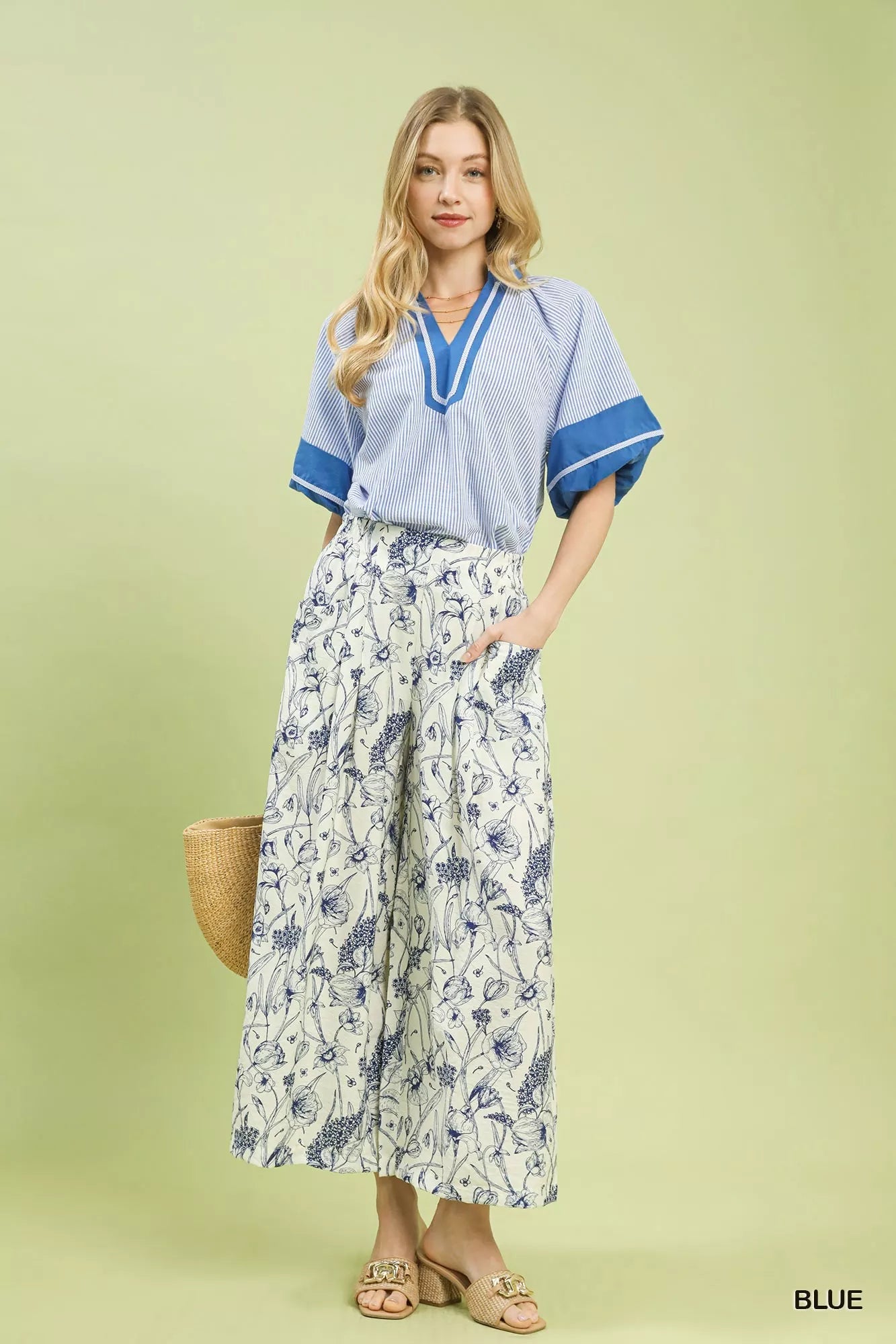 Umgee Two Tone Floral Print Pants - Blu Lotus Boutique
