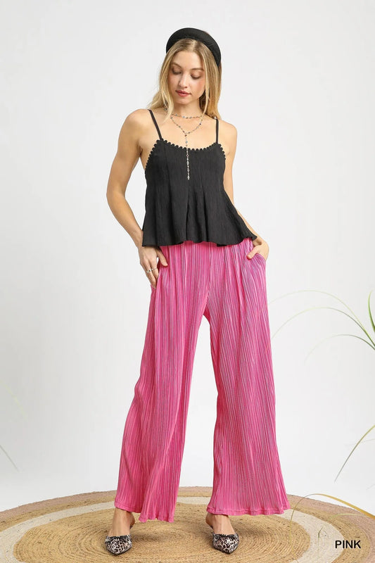 Umgee Wide Leg Textured Pants - Blu Lotus Boutique