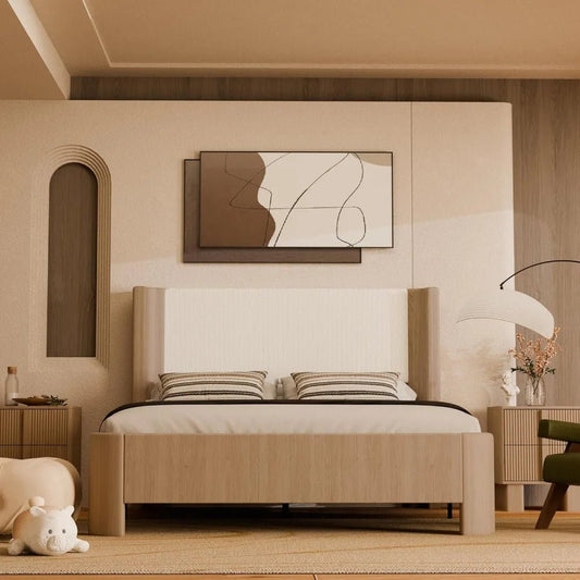 Upholstered Bed Frame with Wingback Headboard, Upgraded Platform Bed with Integrated LED Lighting, 9 - Point Support Base - Blu Lotus Boutique