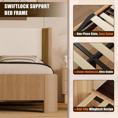 Upholstered Bed Frame with Wingback Headboard, Upgraded Platform Bed with Integrated LED Lighting, 9 - Point Support Base - Blu Lotus Boutique