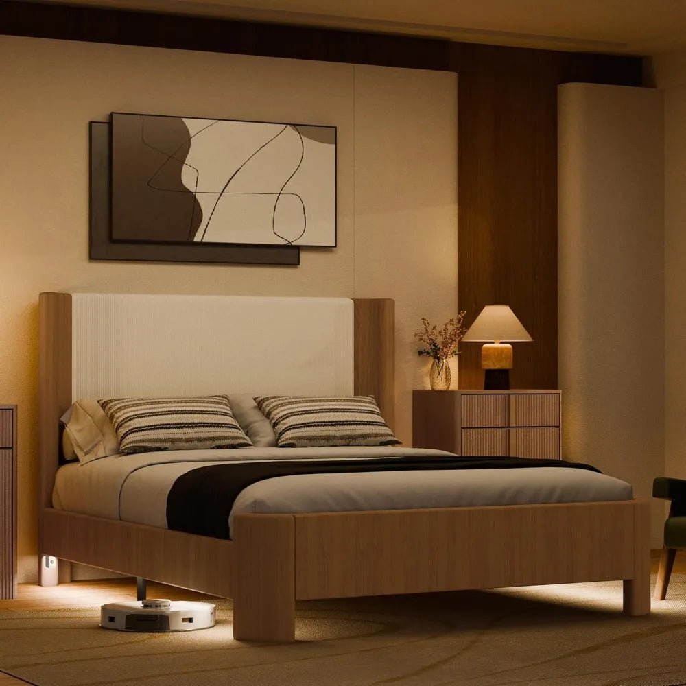 Upholstered Bed Frame with Wingback Headboard, Upgraded Platform Bed with Integrated LED Lighting, 9 - Point Support Base - Blu Lotus Boutique