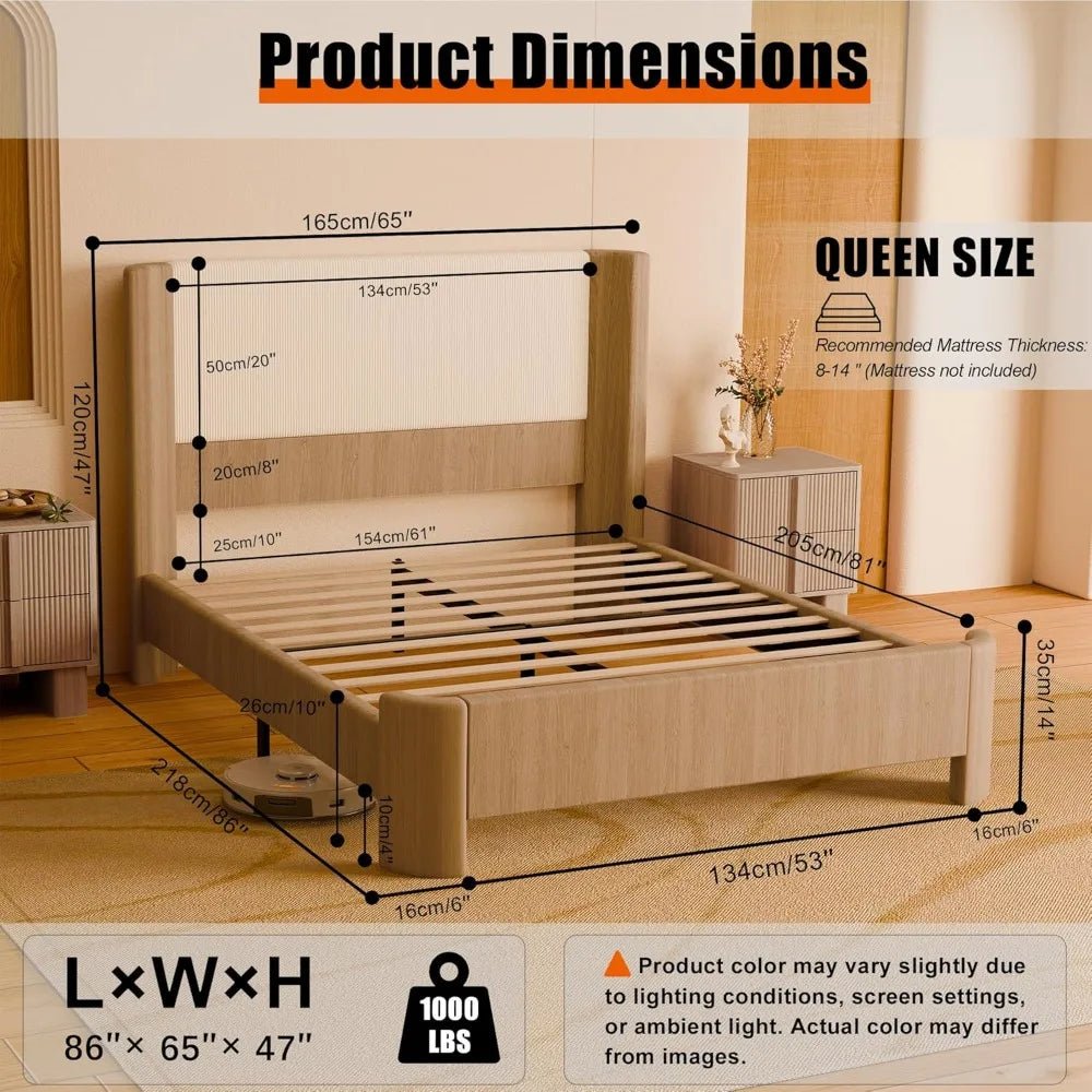 Upholstered Bed Frame with Wingback Headboard, Upgraded Platform Bed with Integrated LED Lighting, 9 - Point Support Base - Blu Lotus Boutique