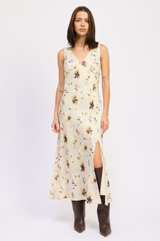 V NECK FLORAL MIDI BIAS DRESS WITH SLIT - Blu Lotus Boutique