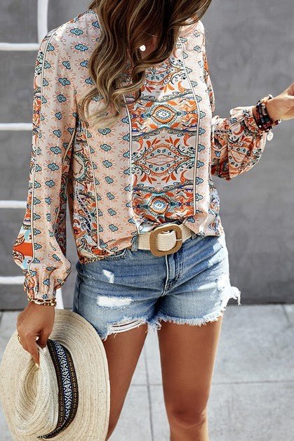 V Neck Graphic Pattern Notched Neck Blouse - Blu Lotus Boutique
