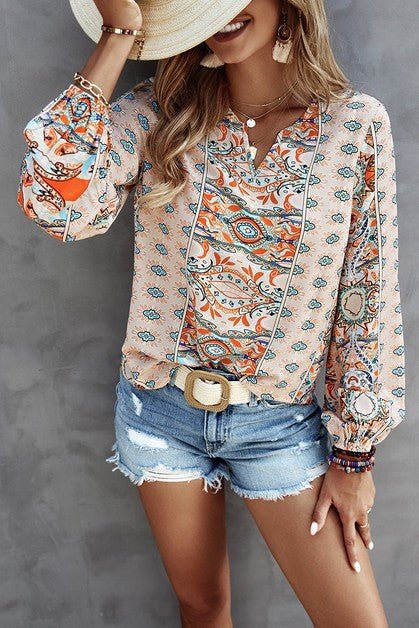 V Neck Graphic Pattern Notched Neck Blouse - Blu Lotus Boutique