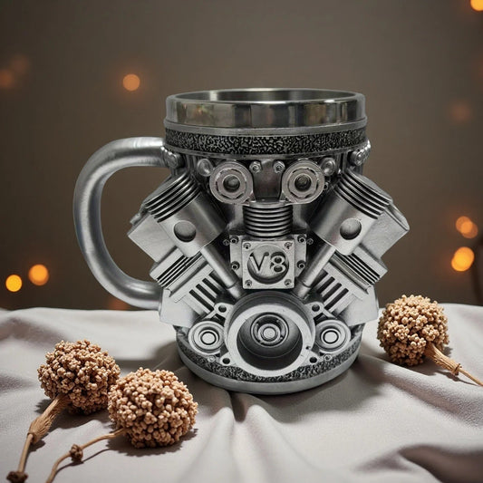 V8 Engines Stainless Steel 7 OZ Insulated Handle Coffee Mug - Creative Automotive Engine Design - Blu Lotus Boutique