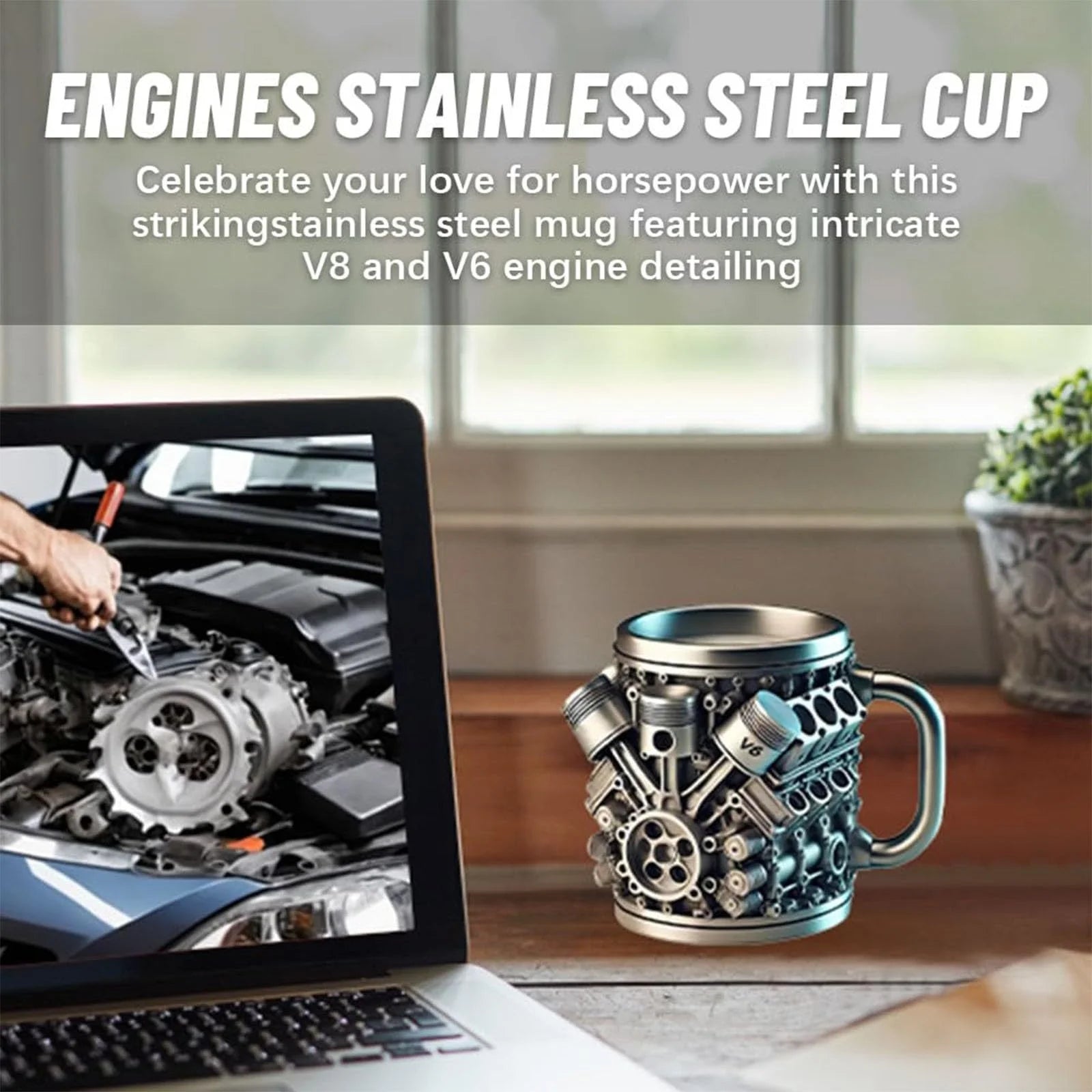 V8 Engines Stainless Steel 7 OZ Insulated Handle Coffee Mug - Creative Automotive Engine Design - Blu Lotus Boutique