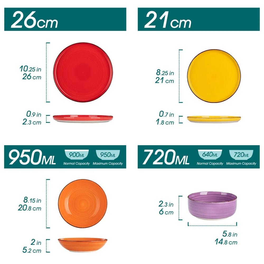 Vancasso 24PCS Ceramic Plate Tableware Set Mix - Color Handpainted Spirals Pattern 6PCS Dinner Plates/Dessert/Bowl/Soup Plates - Blu Lotus Boutique