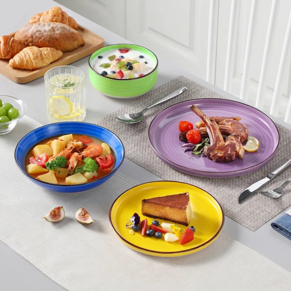 Vancasso 24PCS Ceramic Plate Tableware Set Mix - Color Handpainted Spirals Pattern 6PCS Dinner Plates/Dessert/Bowl/Soup Plates - Blu Lotus Boutique