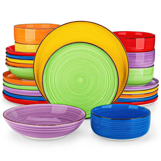 Vancasso 24PCS Ceramic Plate Tableware Set Mix - Color Handpainted Spirals Pattern 6PCS Dinner Plates/Dessert/Bowl/Soup Plates - Blu Lotus Boutique
