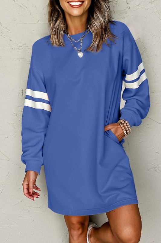 Varsity Stripe Long Sleeve Sweatshirt Dress - Blu Lotus Boutique