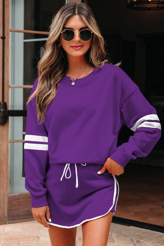 Varsity Stripe Pullover and Mini Skirt Set - Blu Lotus Boutique