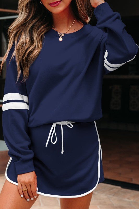 Varsity Stripe Pullover and Mini Skirt Set - Blu Lotus Boutique