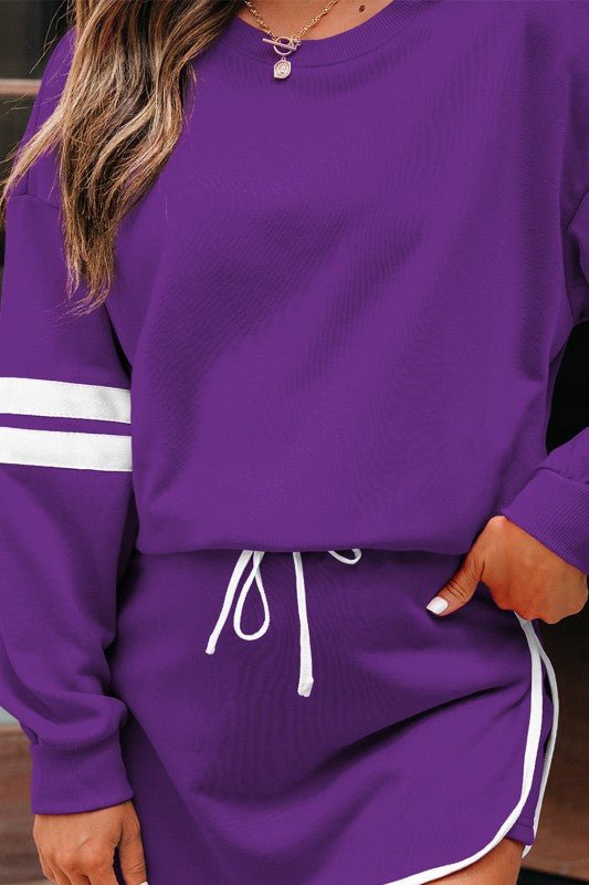 Varsity Stripe Pullover and Mini Skirt Set - Blu Lotus Boutique