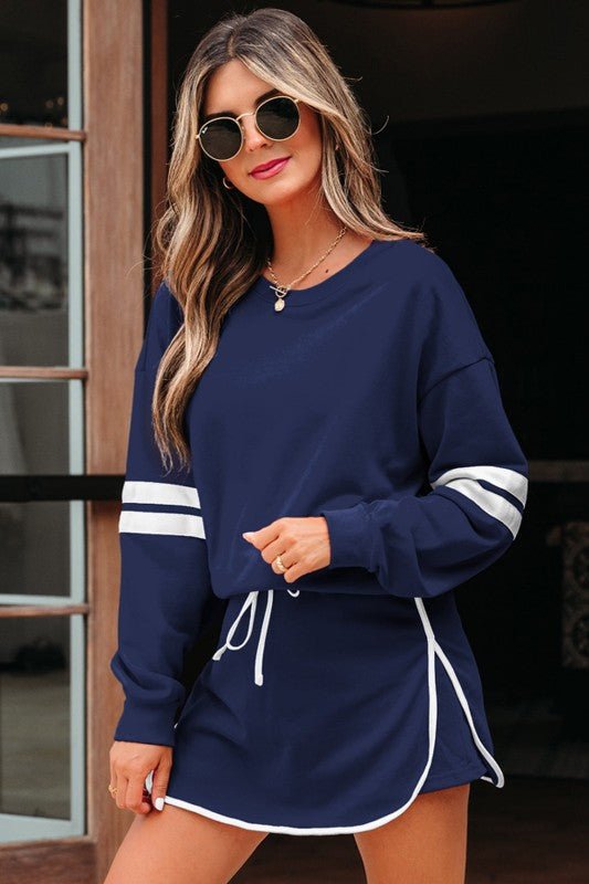 Varsity Stripe Pullover and Mini Skirt Set - Blu Lotus Boutique