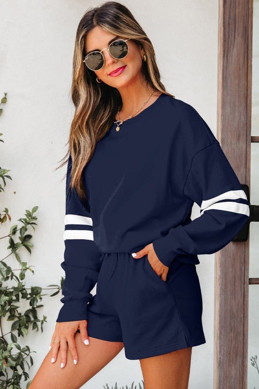 Varsity Stripe Sweatshirt and Short Set - Blu Lotus Boutique
