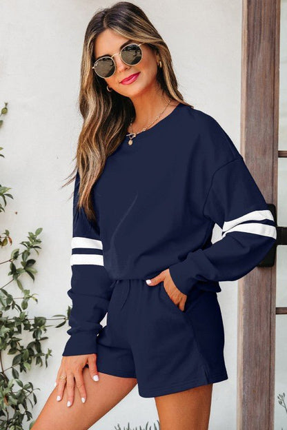 Varsity Stripe Sweatshirt and Short Set - Blu Lotus Boutique