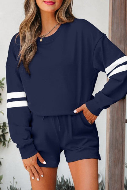 Varsity Stripe Sweatshirt and Short Set - Blu Lotus Boutique