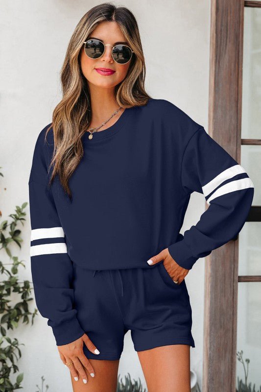 Varsity Stripe Sweatshirt and Short Set - Blu Lotus Boutique