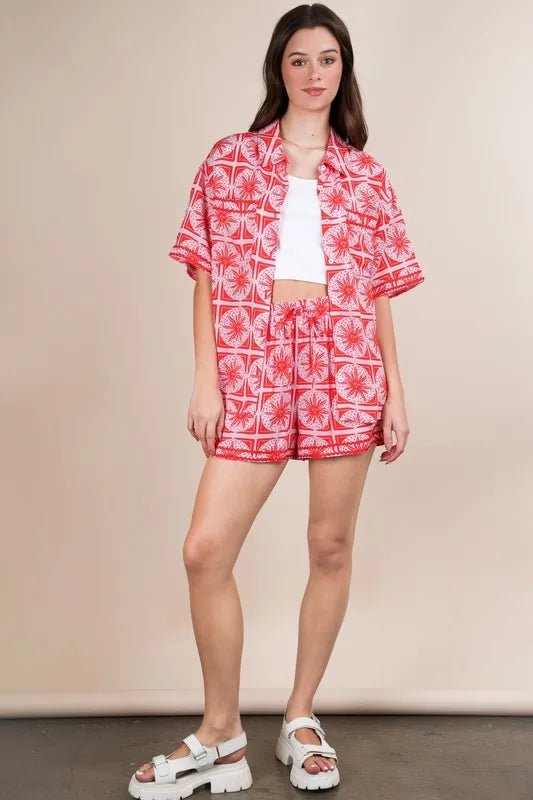 VERY J Full Size Tropical Printed Shirt Top and Shorts Set Plus Size - Blu Lotus Boutique