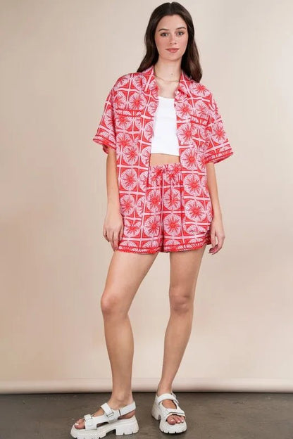 VERY J Full Size Tropical Printed Shirt Top and Shorts Set Plus Size - Blu Lotus Boutique