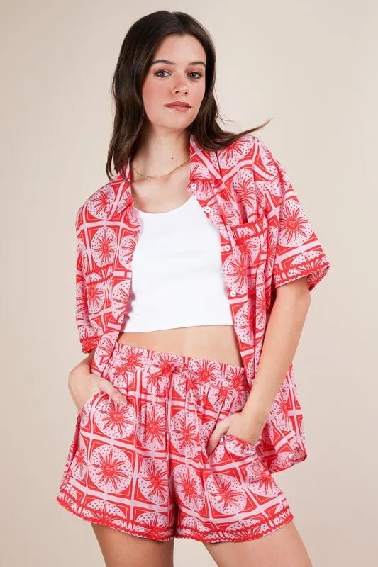VERY J Full Size Tropical Printed Shirt Top and Shorts Set Plus Size - Blu Lotus Boutique