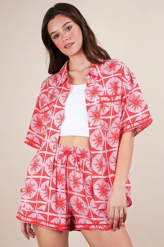 VERY J Full Size Tropical Printed Shirt Top and Shorts Set Plus Size - Blu Lotus Boutique