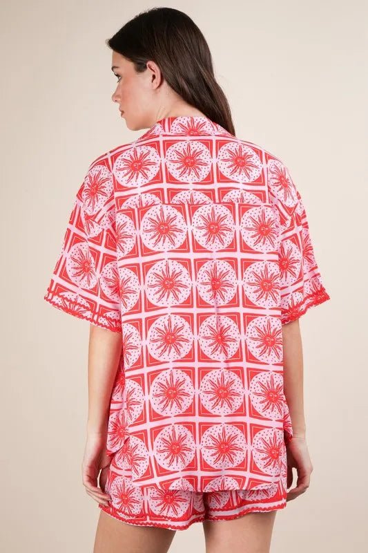 VERY J Full Size Tropical Printed Shirt Top and Shorts Set Plus Size - Blu Lotus Boutique