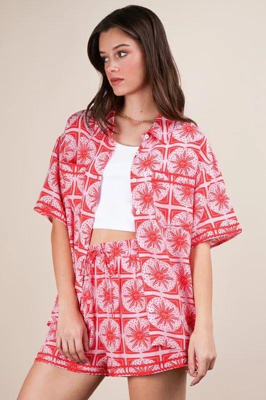 VERY J Full Size Tropical Printed Shirt Top and Shorts Set Plus Size - Blu Lotus Boutique