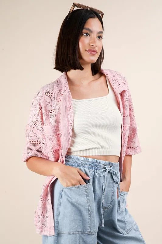 VERY J Plus Size Oversized Crochet Button Down Shirt Top - Blu Lotus Boutique