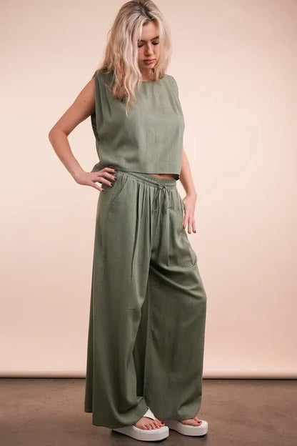 VERY J Solid Woven Top & Pants Set - Blu Lotus Boutique