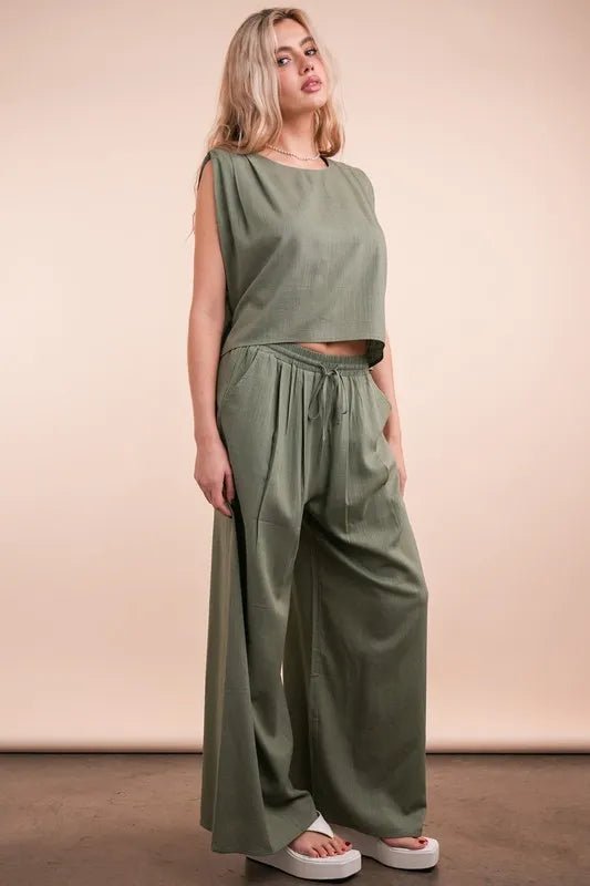 VERY J Solid Woven Top & Pants Set - Blu Lotus Boutique