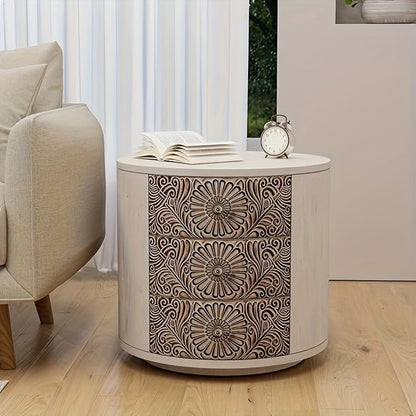 Vintage 3Drawer Round Nightstand Carved MDF Pine Top - Blu Lotus Boutique