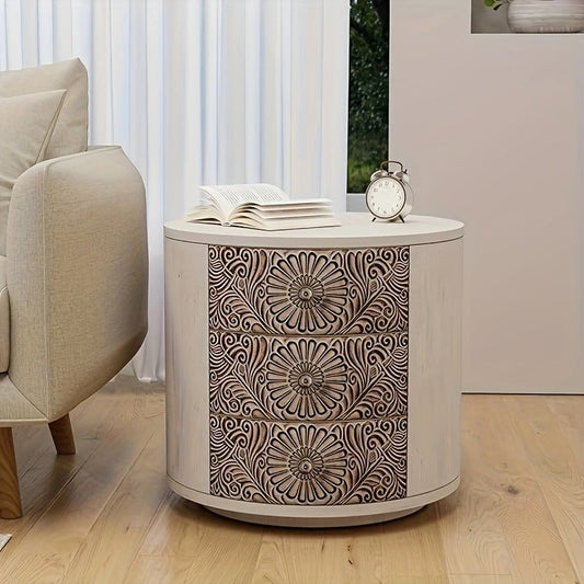 Vintage 3Drawer Round Nightstand Carved MDF Pine Top - Blu Lotus Boutique