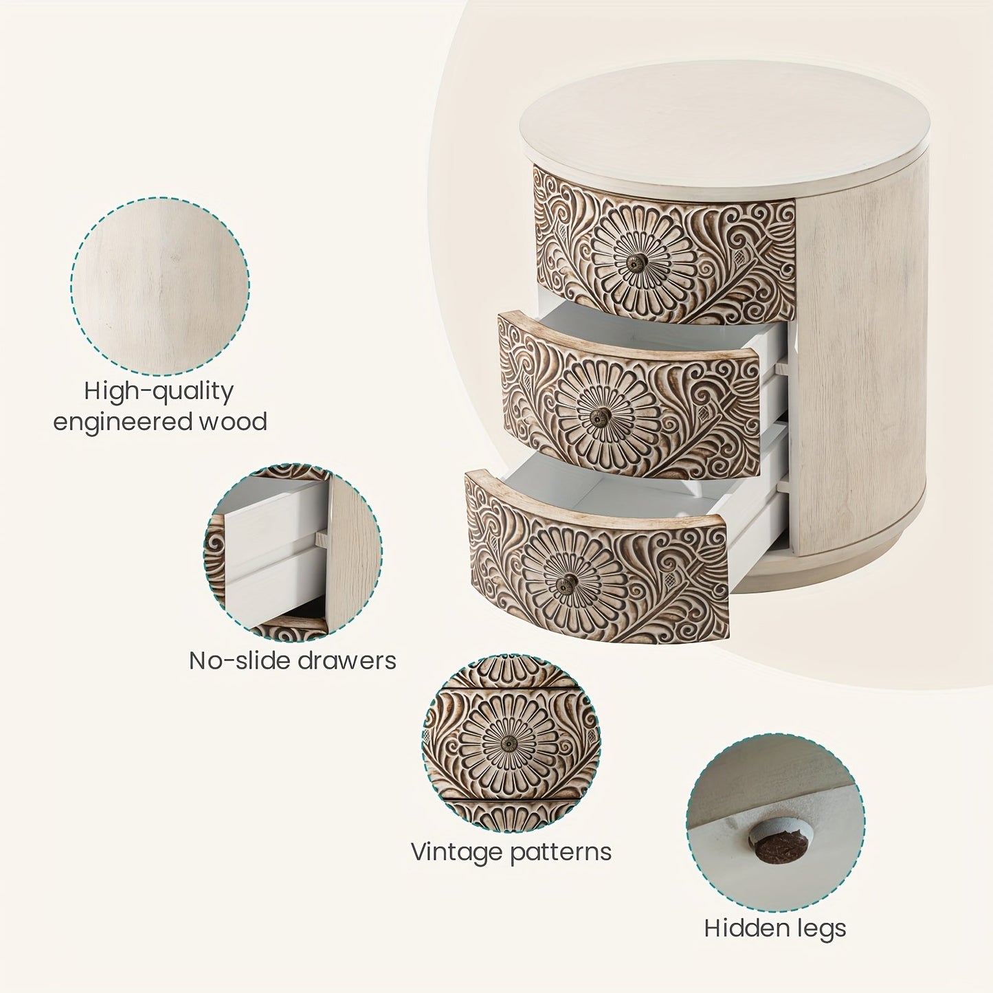 Vintage 3Drawer Round Nightstand Carved MDF Pine Top - Blu Lotus Boutique