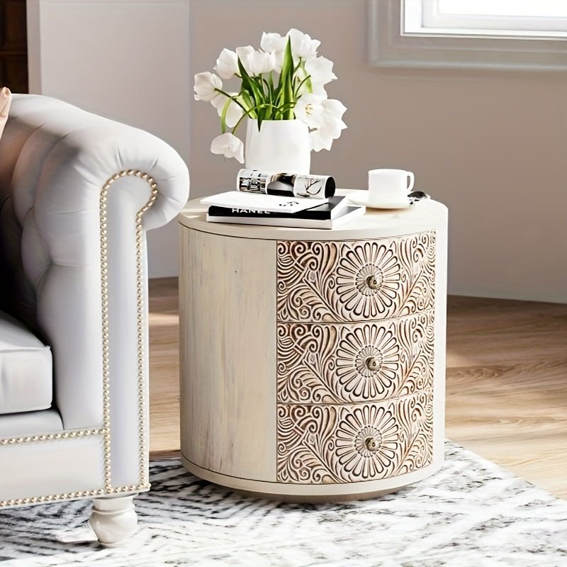 Vintage 3Drawer Round Nightstand Carved MDF Pine Top - Blu Lotus Boutique