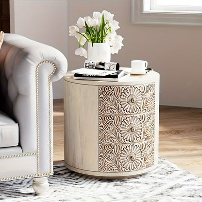 Vintage 3Drawer Round Nightstand Carved MDF Pine Top - Blu Lotus Boutique