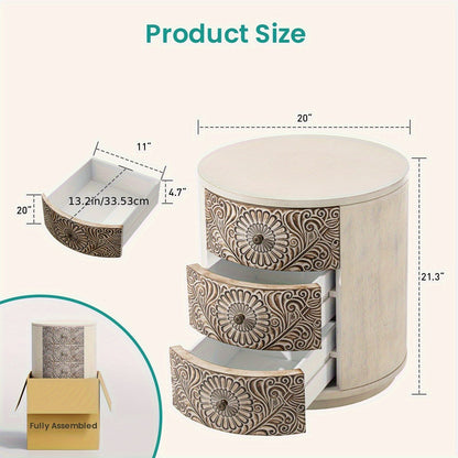 Vintage 3Drawer Round Nightstand Carved MDF Pine Top - Blu Lotus Boutique