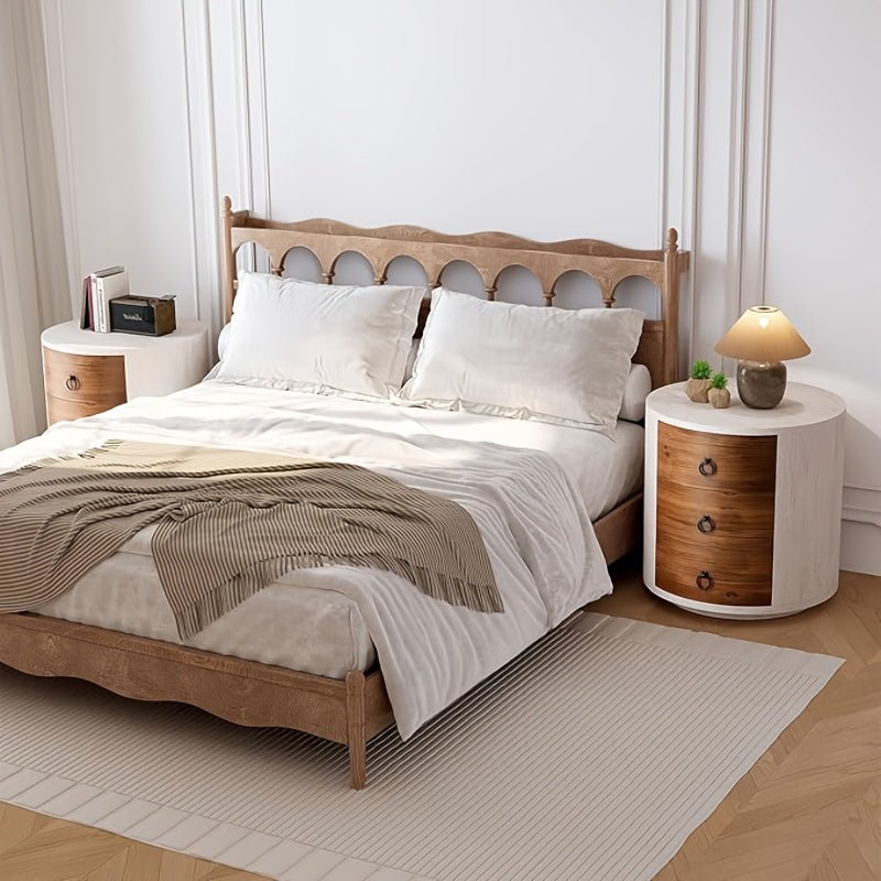 Vintage 3Drawer Round Nightstand Carved MDF Pine Top - Blu Lotus Boutique