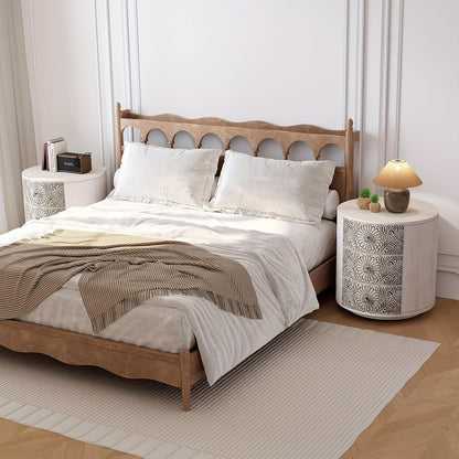 Vintage 3Drawer Round Nightstand Carved MDF Pine Top - Blu Lotus Boutique