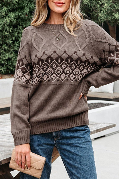 Western Geometric Knit Crew Neck Sweater - Blu Lotus Boutique