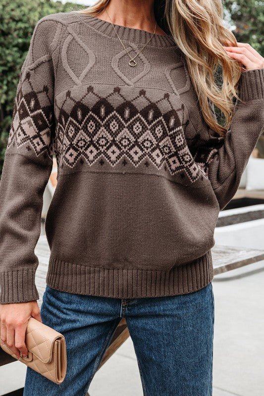 Western Geometric Knit Crew Neck Sweater - Blu Lotus Boutique