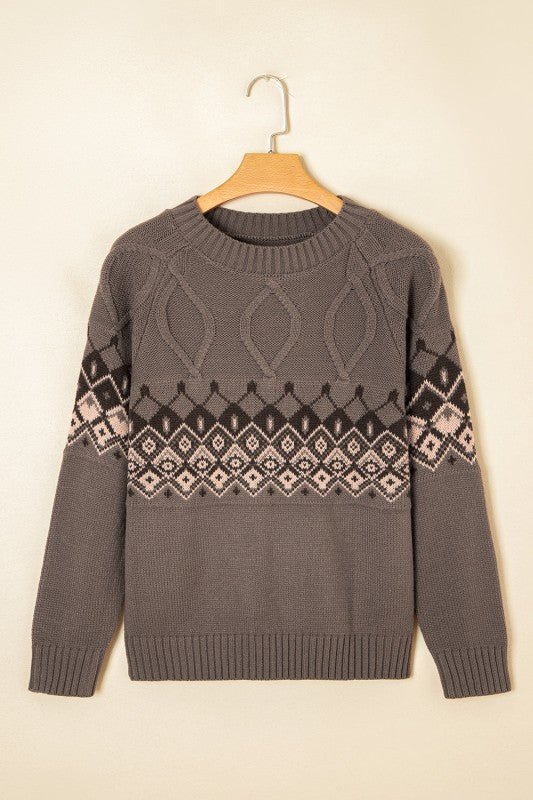 Western Geometric Knit Crew Neck Sweater - Blu Lotus Boutique