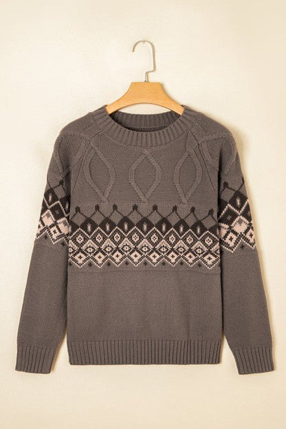 Western Geometric Knit Crew Neck Sweater - Blu Lotus Boutique