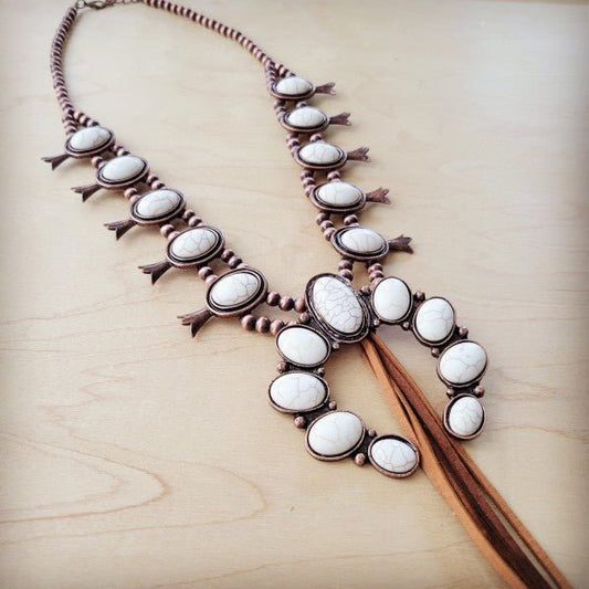 White Turqu Squash Blossom Necklace w/ Tan Tassel - Blu Lotus Boutique