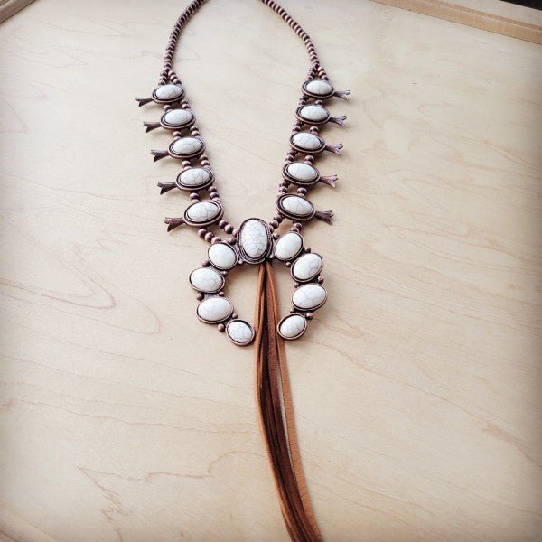 White Turqu Squash Blossom Necklace w/ Tan Tassel - Blu Lotus Boutique