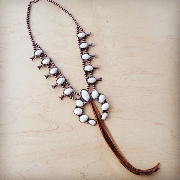 White Turqu Squash Blossom Necklace w/ Tan Tassel - Blu Lotus Boutique