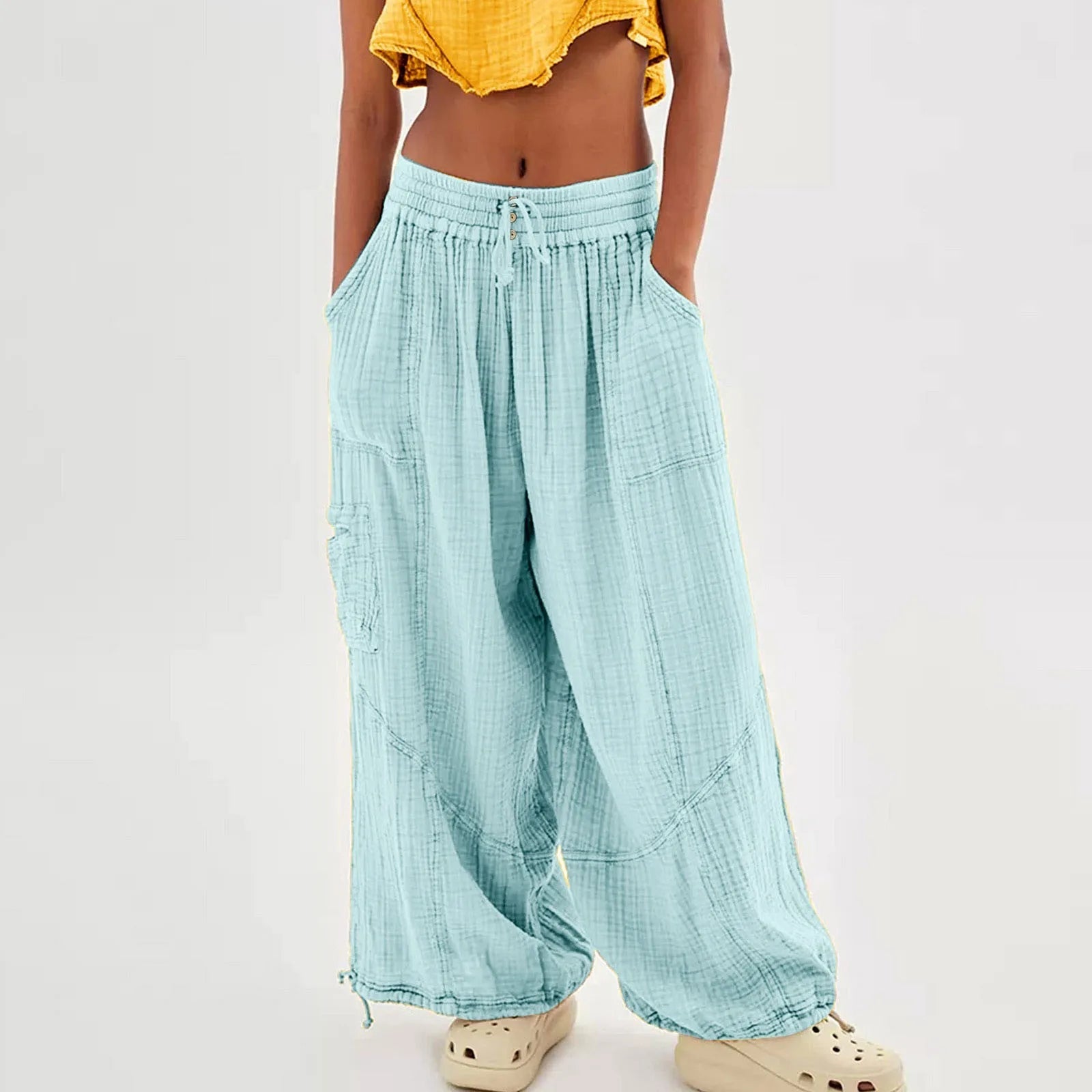 Wide Leg Harem Pants High Waist Button Drawstring - Blu Lotus Boutique