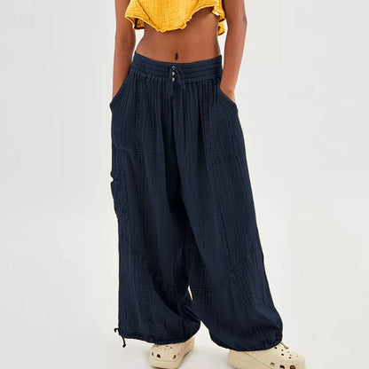 Wide Leg Harem Pants High Waist Button Drawstring - Blu Lotus Boutique