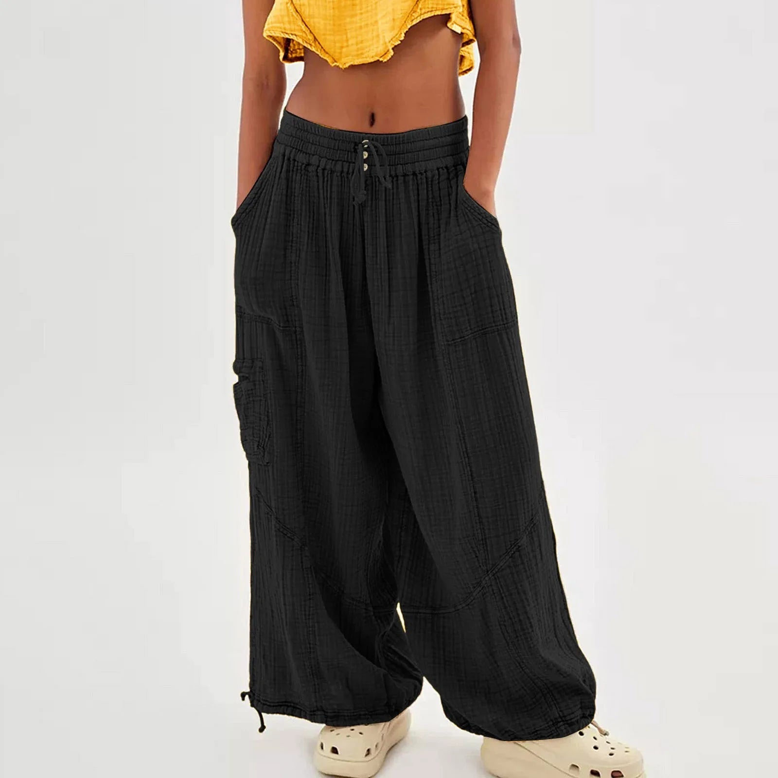 Wide Leg Harem Pants High Waist Button Drawstring - Blu Lotus Boutique